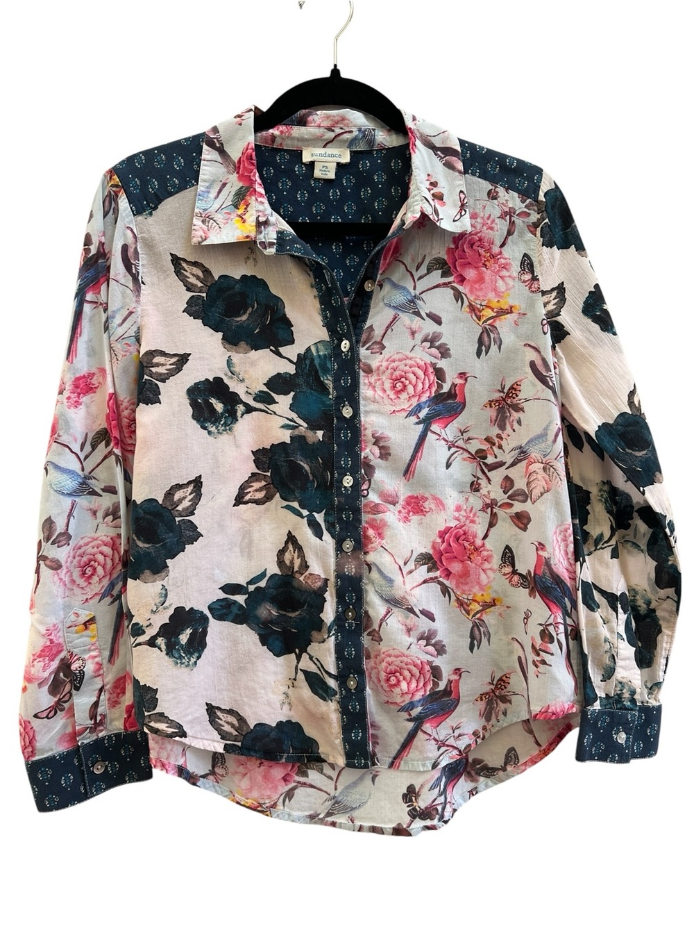 Sundance PS Bird Floral Button Front Shirt Cottagecore Boho Chic Botanical Artsy - Picture 2 of 4